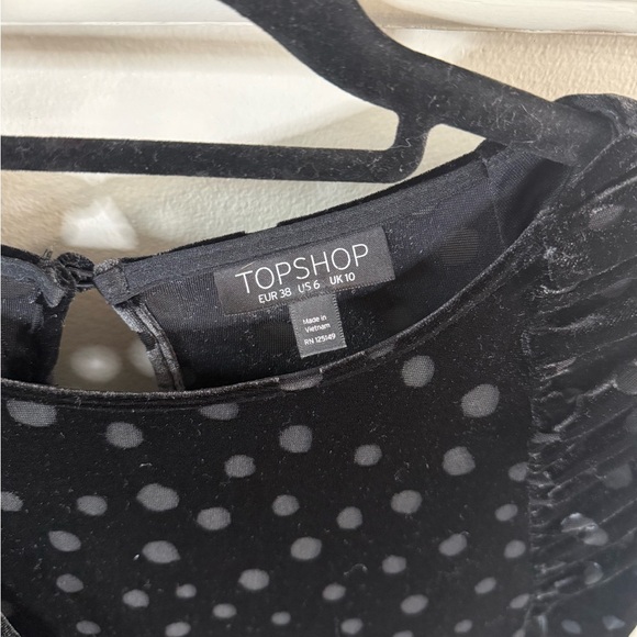 Topshop Black Polka Dot Velvet Dress Puff Sleeve Asymmetrical - Picture 2 of 7